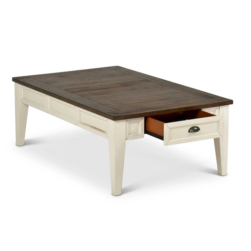 Table basse de ferme bicolore Blanc antique et chêne foncé avec 4 tiroirs de rangement et pieds effilés