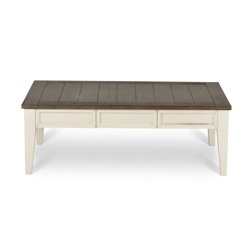 Table basse de ferme bicolore Blanc antique et chêne foncé avec 4 tiroirs de rangement et pieds effilés