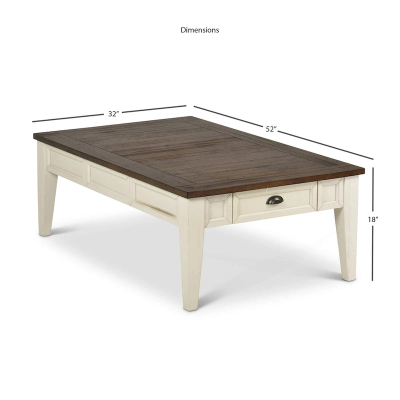 Table basse de ferme bicolore Blanc antique et chêne foncé avec 4 tiroirs de rangement et pieds effilés