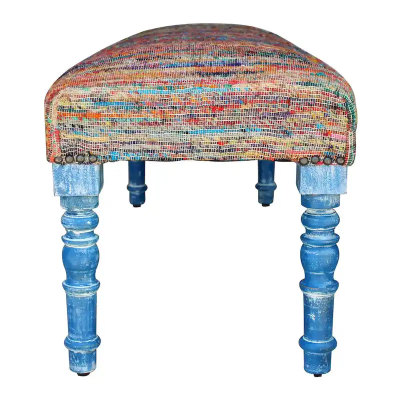 Banc rembourré bohème à rayures arc-en-ciel multicolores avec pieds bleus – 2 places