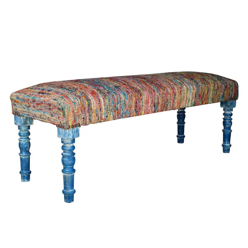 Banc rembourré bohème à rayures arc-en-ciel multicolores avec pieds bleus – 2 places