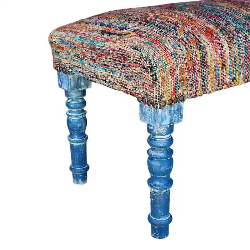 Banc rembourré bohème à rayures arc-en-ciel multicolores avec pieds bleus – 2 places