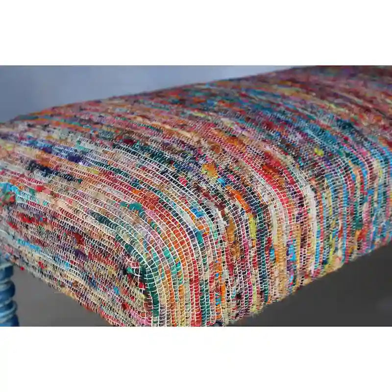 Banc rembourré bohème à rayures arc-en-ciel multicolores avec pieds bleus – 2 places