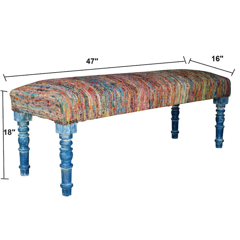 Banc rembourré bohème à rayures arc-en-ciel multicolores avec pieds bleus – 2 places