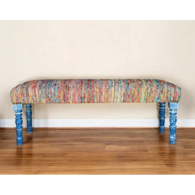 Banc rembourré bohème à rayures arc-en-ciel multicolores avec pieds bleus – 2 places