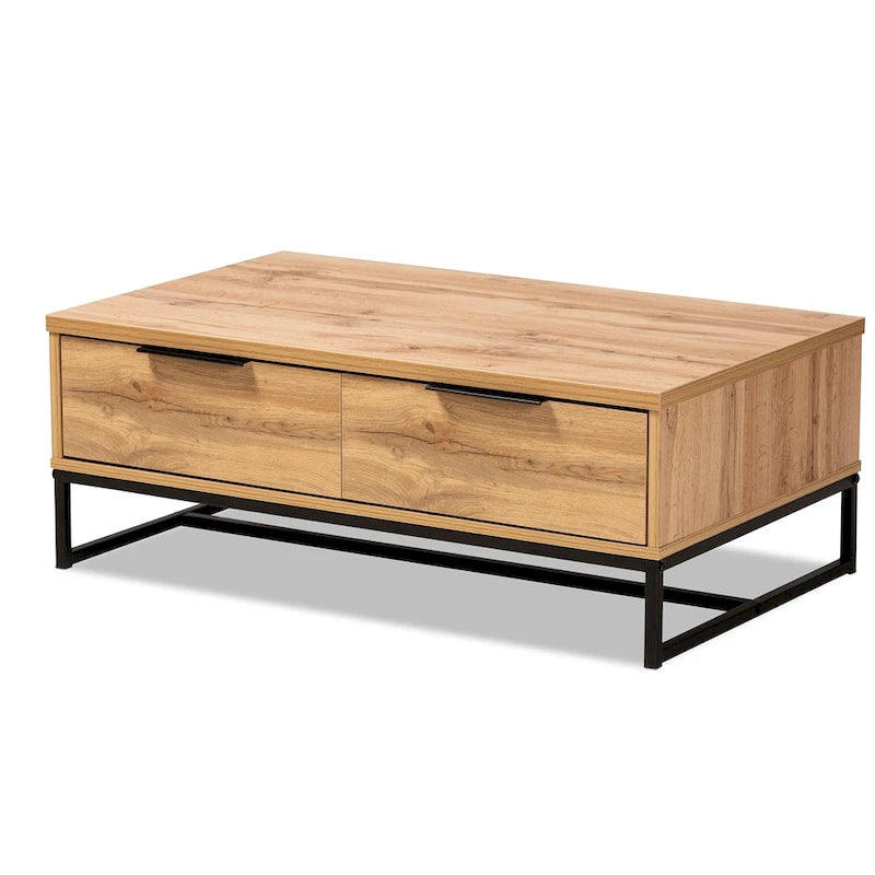 Table basse moderne à 2 tiroirs Chêne et Noir avec étagère ouverte et pieds en métal noir