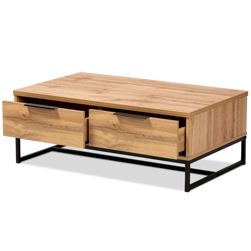 Table basse moderne à 2 tiroirs Chêne et Noir avec étagère ouverte et pieds en métal noir