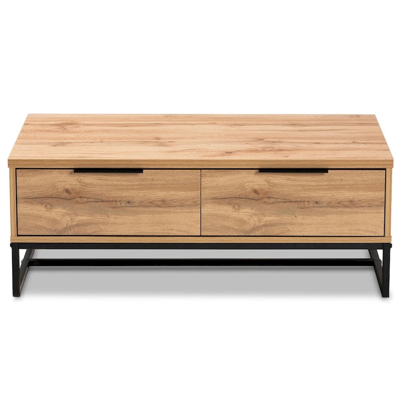 Table basse moderne à 2 tiroirs Chêne et Noir avec étagère ouverte et pieds en métal noir