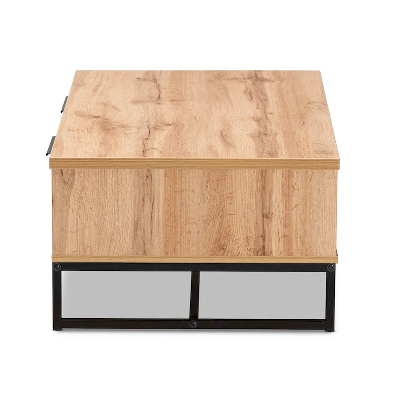 Table basse moderne à 2 tiroirs Chêne et Noir avec étagère ouverte et pieds en métal noir