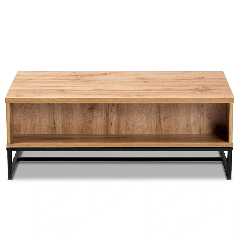 Table basse moderne à 2 tiroirs Chêne et Noir avec étagère ouverte et pieds en métal noir