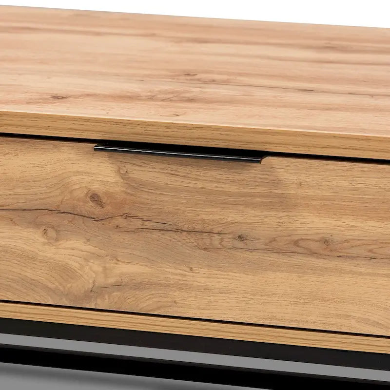 Table basse moderne à 2 tiroirs Chêne et Noir avec étagère ouverte et pieds en métal noir