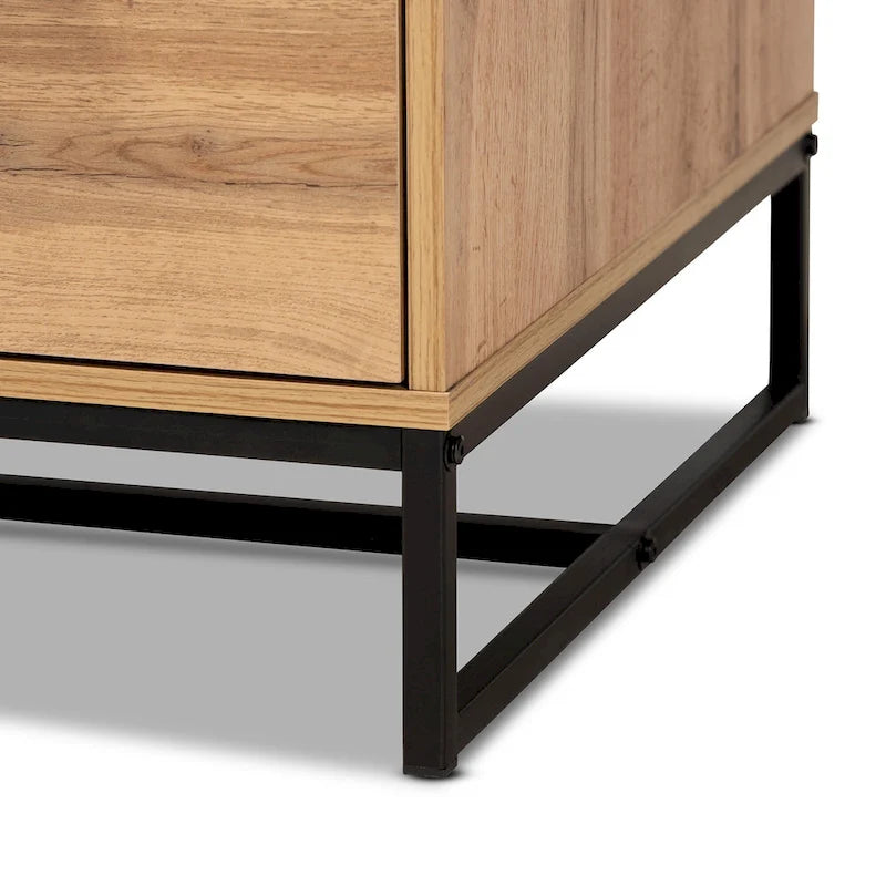 Table basse moderne à 2 tiroirs Chêne et Noir avec étagère ouverte et pieds en métal noir