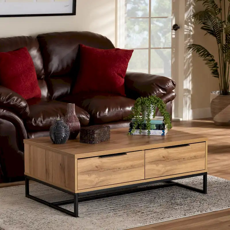 Table basse moderne à 2 tiroirs Chêne et Noir avec étagère ouverte et pieds en métal noir