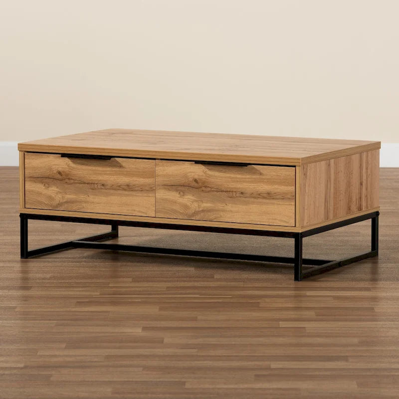 Table basse moderne à 2 tiroirs Chêne et Noir avec étagère ouverte et pieds en métal noir