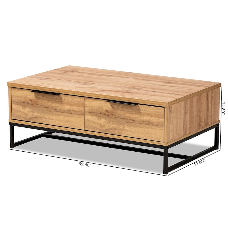 Table basse moderne à 2 tiroirs Chêne et Noir avec étagère ouverte et pieds en métal noir