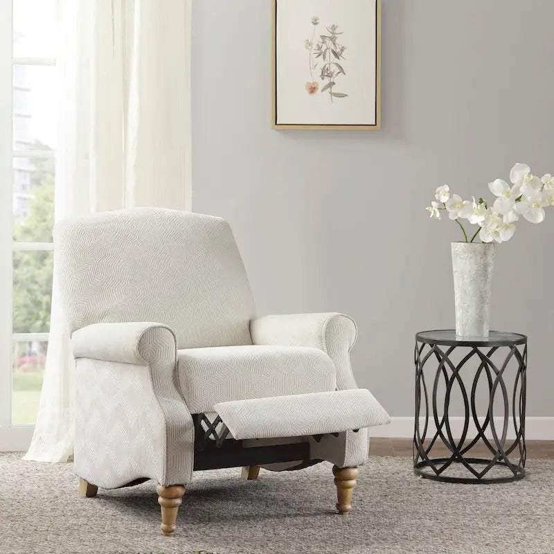 Fauteuil inclinable à dossier haut Jacquard ivoire avec pieds en bois sculpté – 1 place