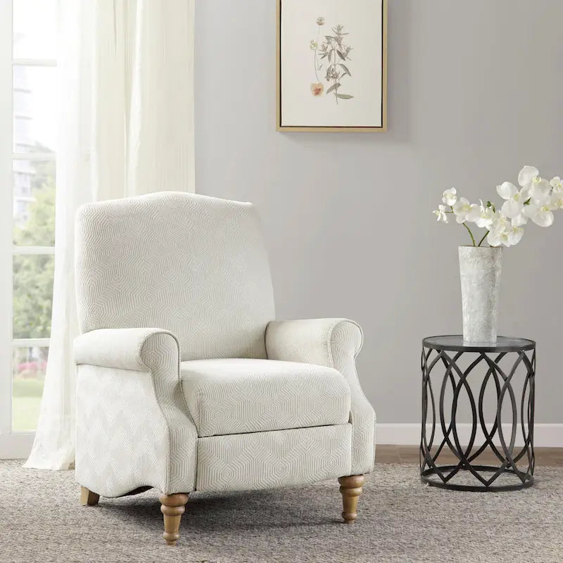 Fauteuil inclinable à dossier haut Jacquard ivoire avec pieds en bois sculpté – 1 place