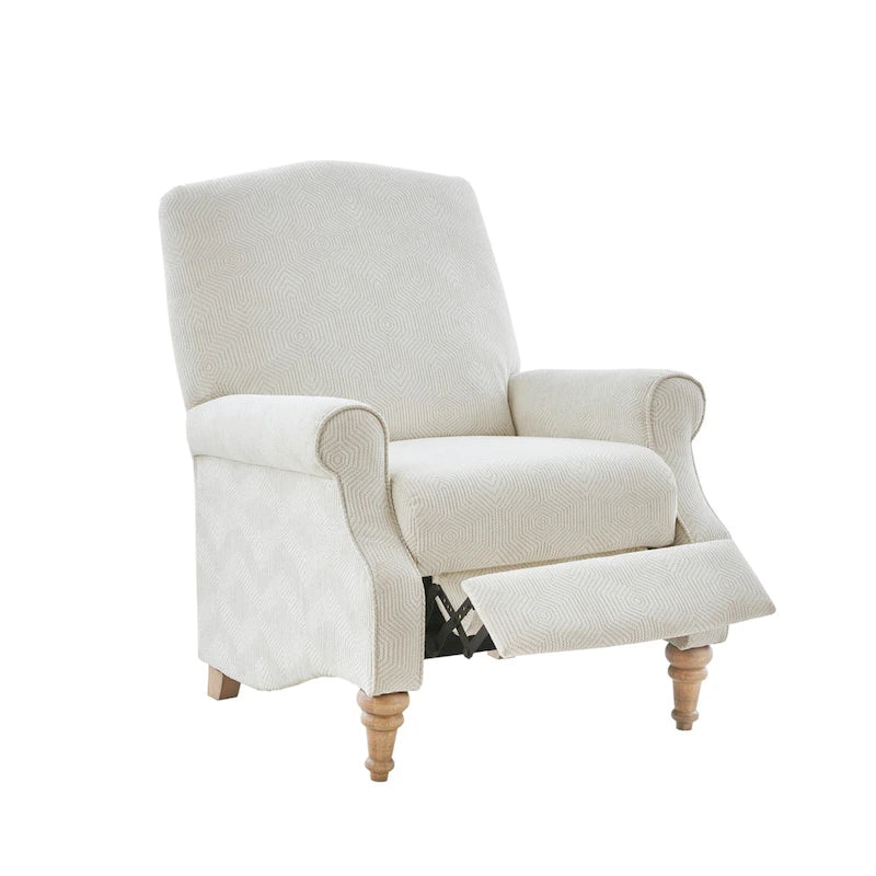 Fauteuil inclinable à dossier haut Jacquard ivoire avec pieds en bois sculpté – 1 place