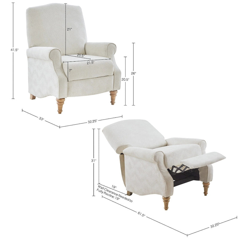 Fauteuil inclinable à dossier haut Jacquard ivoire avec pieds en bois sculpté – 1 place