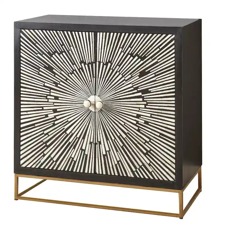 Meuble d'appoint Art déco 2 portes Sunburst ébène foncé avec incrustation en os et résine