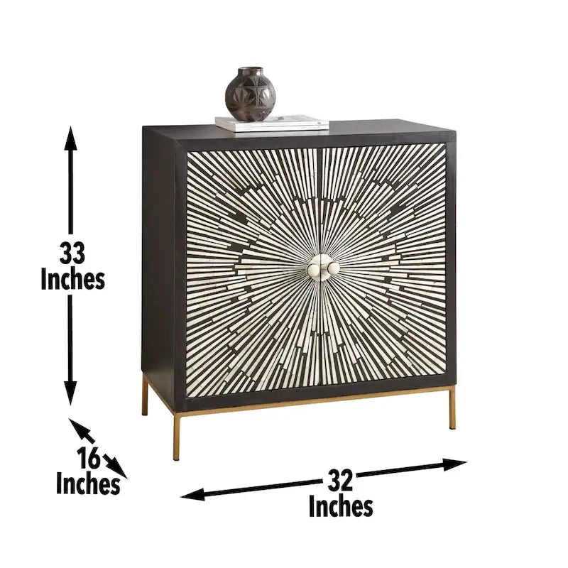Meuble d'appoint Art déco 2 portes Sunburst ébène foncé avec incrustation en os et résine
