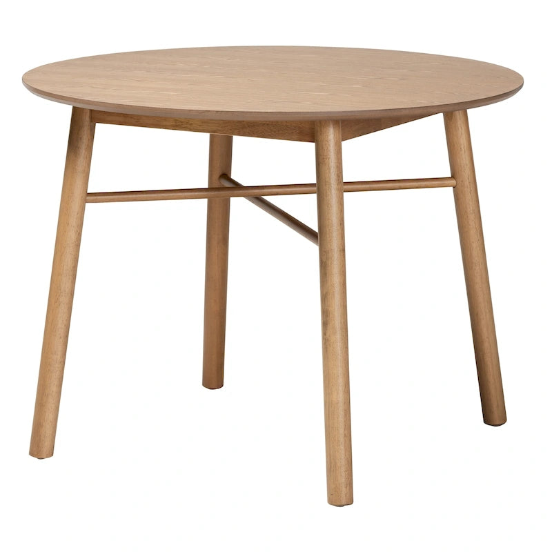 Table de salle à manger ronde en bois d'hévéa chêne marron, style milieu de siècle, avec pieds croisés inclinés – 4 places