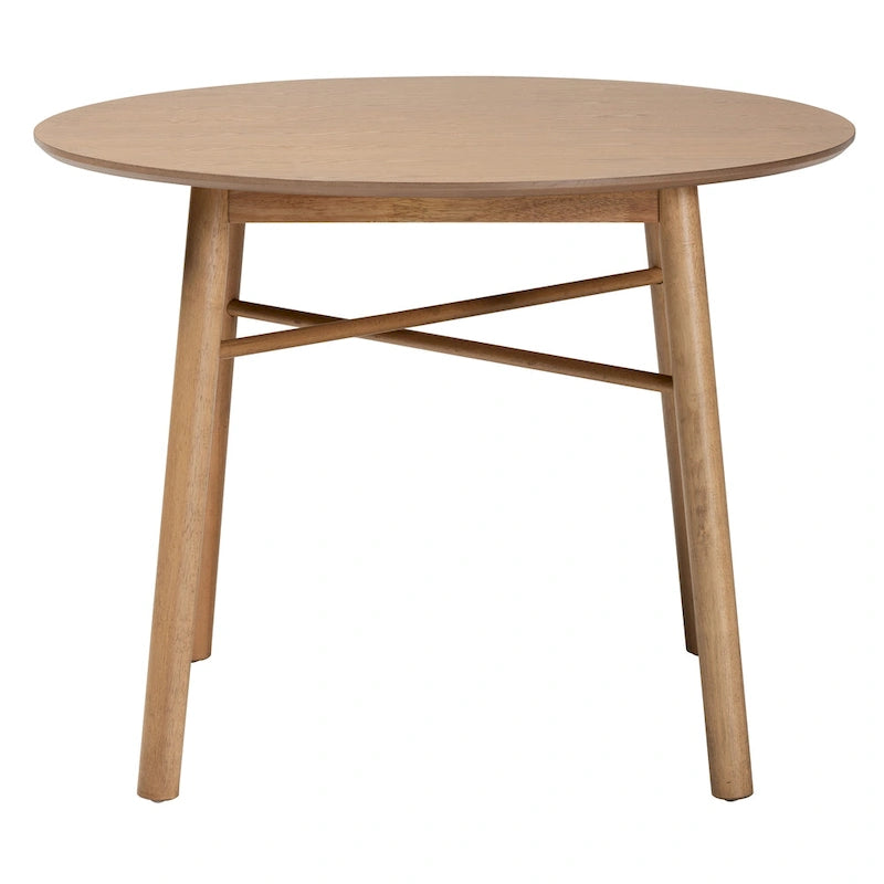 Table de salle à manger ronde en bois d'hévéa chêne marron, style milieu de siècle, avec pieds croisés inclinés – 4 places