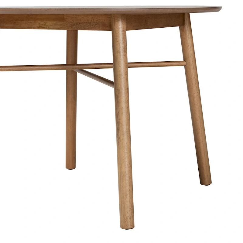 Table de salle à manger ronde en bois d'hévéa chêne marron, style milieu de siècle, avec pieds croisés inclinés – 4 places