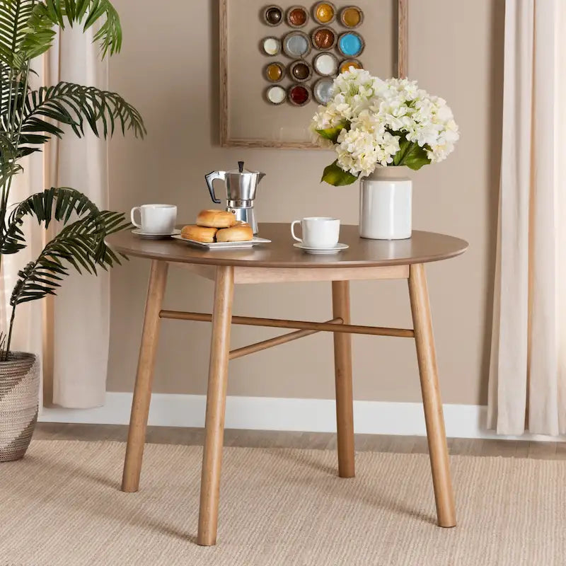 Table de salle à manger ronde en bois d'hévéa chêne marron, style milieu de siècle, avec pieds croisés inclinés – 4 places