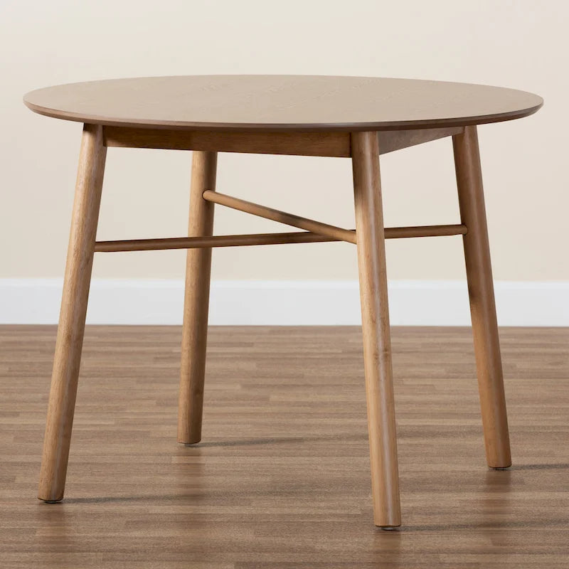 Table de salle à manger ronde en bois d'hévéa chêne marron, style milieu de siècle, avec pieds croisés inclinés – 4 places