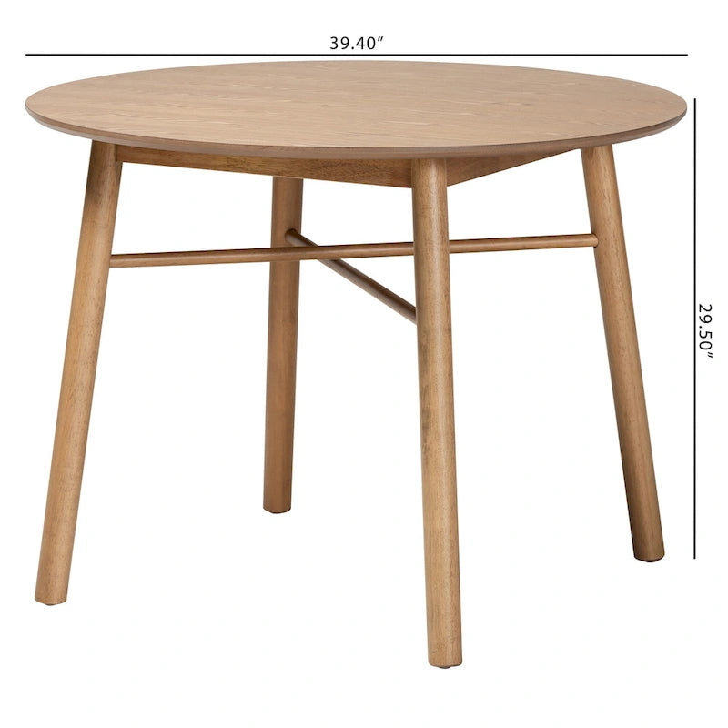 Table de salle à manger ronde en bois d'hévéa chêne marron, style milieu de siècle, avec pieds croisés inclinés – 4 places