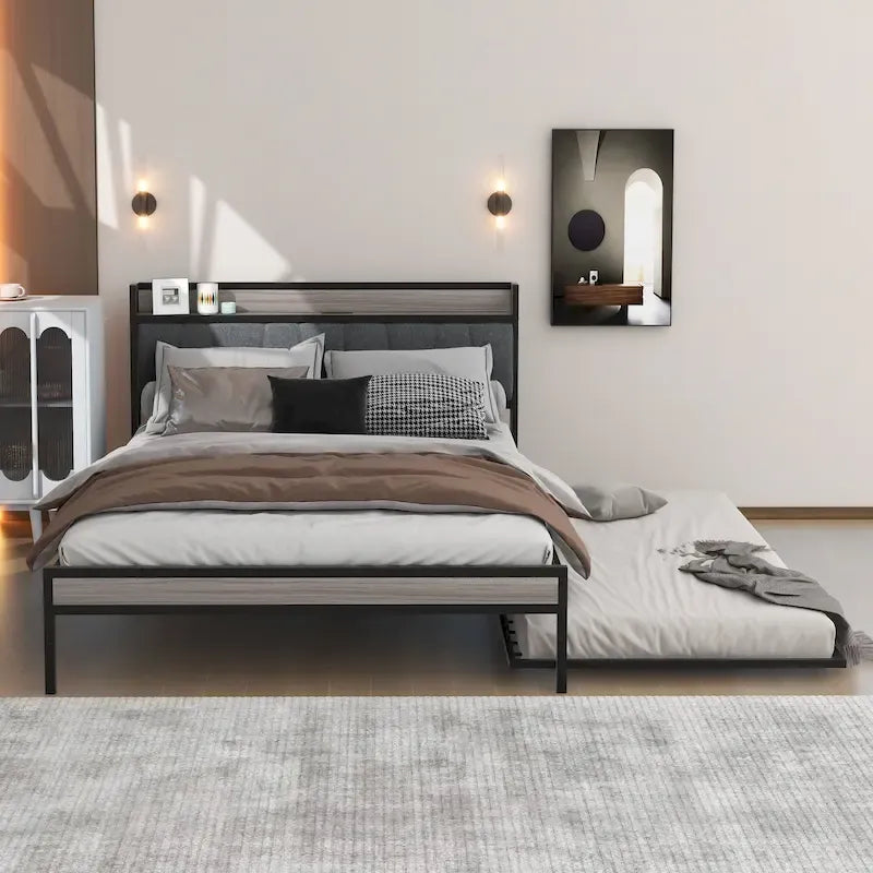 Lit plateforme queen en métal blanc/noir avec tête de lit capitonnée, lit gigogne simple, étagère et port de chargement USB