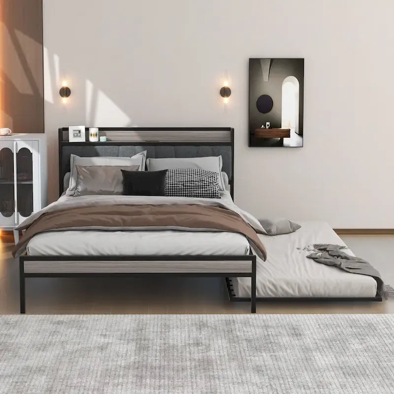 Queen Size Metal Platform Bed Frame with Twin size trundle, Upholstered headboard Sockets, USB Ports and Slat Support