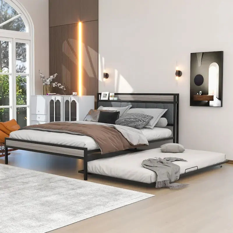 Lit plateforme queen en métal blanc/noir avec tête de lit capitonnée, lit gigogne simple, étagère et port de chargement USB