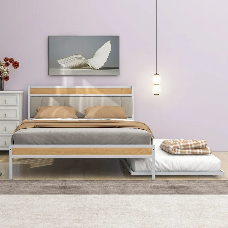 Lit plateforme queen en métal blanc/noir avec tête de lit capitonnée, lit gigogne simple, étagère et port de chargement USB