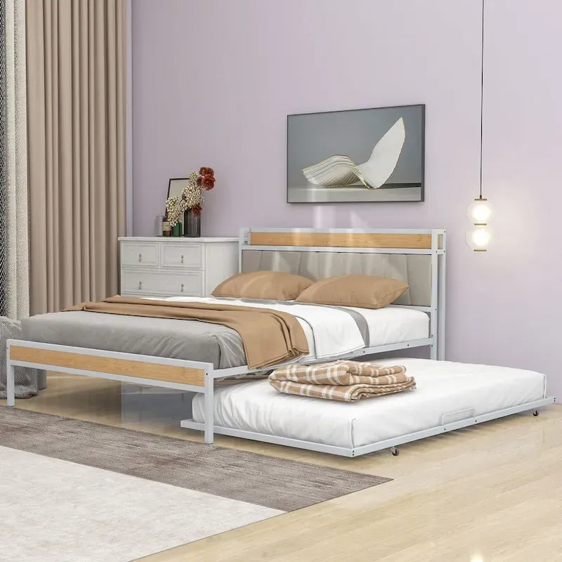 Lit plateforme queen en métal blanc/noir avec tête de lit capitonnée, lit gigogne simple, étagère et port de chargement USB