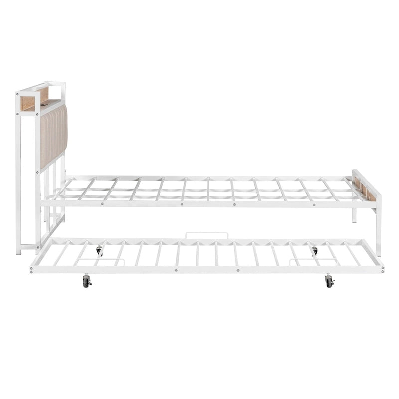 Lit plateforme queen en métal blanc/noir avec tête de lit capitonnée, lit gigogne simple, étagère et port de chargement USB