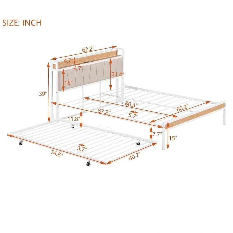 Lit plateforme queen en métal blanc/noir avec tête de lit capitonnée, lit gigogne simple, étagère et port de chargement USB