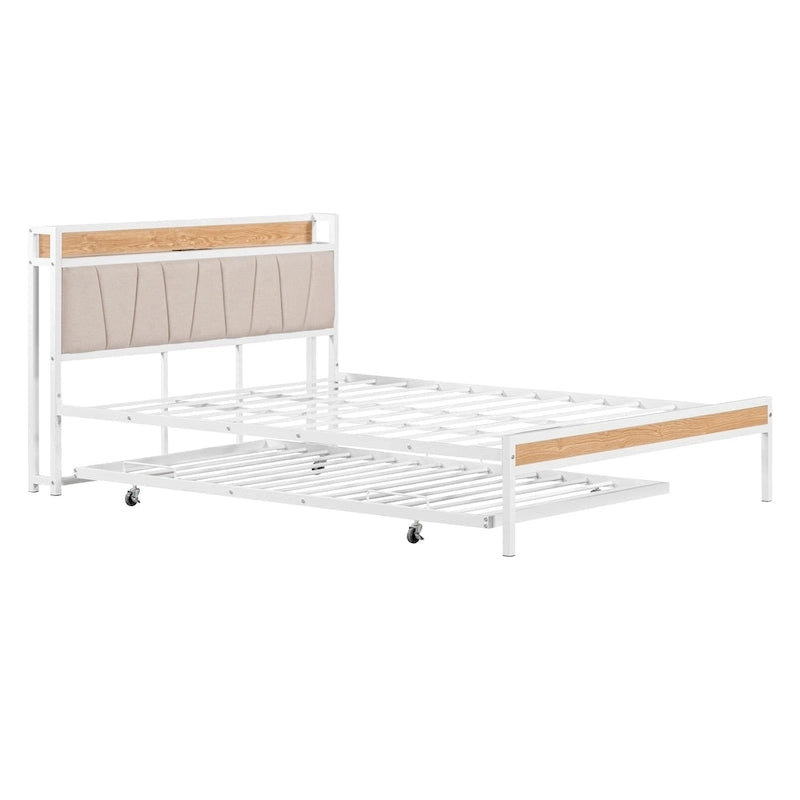 Lit plateforme queen en métal blanc/noir avec tête de lit capitonnée, lit gigogne simple, étagère et port de chargement USB