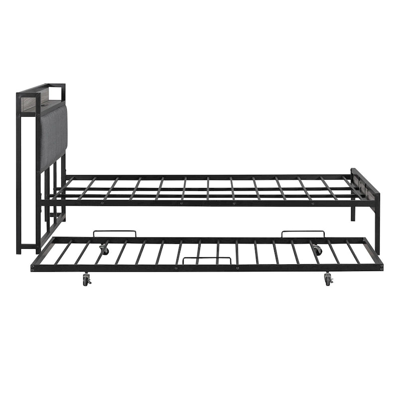 Lit plateforme queen en métal blanc/noir avec tête de lit capitonnée, lit gigogne simple, étagère et port de chargement USB