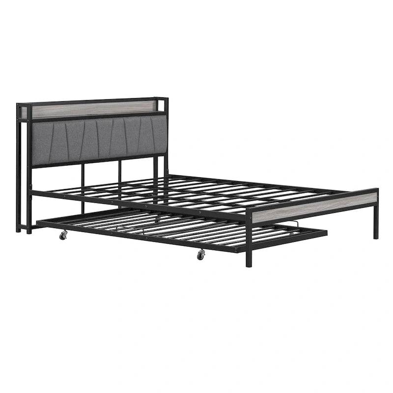 Lit plateforme queen en métal blanc/noir avec tête de lit capitonnée, lit gigogne simple, étagère et port de chargement USB