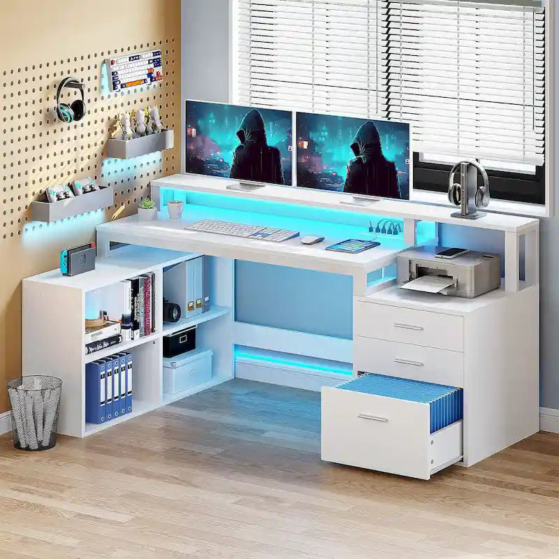 Bureau d'angle en L de 165 cm avec LED RVB, station de charge, support d'écran et rangement - Blanc / Chêne / Gris anthracite / Noir