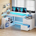 Bureau d'angle en L de 165 cm avec LED RVB, station de charge, support d'écran et rangement - Blanc / Chêne / Gris anthracite / Noir