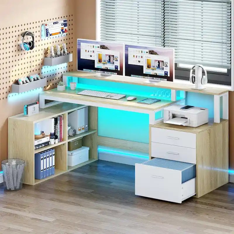 Bureau d'angle en L de 165 cm avec LED RVB, station de charge, support d'écran et rangement - Blanc / Chêne / Gris anthracite / Noir