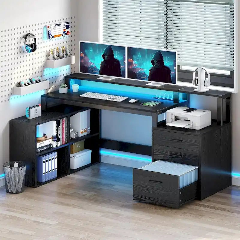 Bureau d'angle en L de 165 cm avec LED RVB, station de charge, support d'écran et rangement - Blanc / Chêne / Gris anthracite / Noir