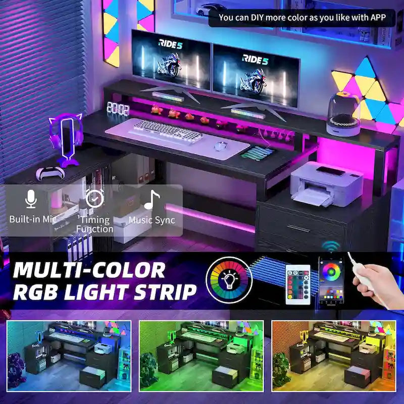Bureau d'angle en L de 165 cm avec LED RVB, station de charge, support d'écran et rangement - Blanc / Chêne / Gris anthracite / Noir