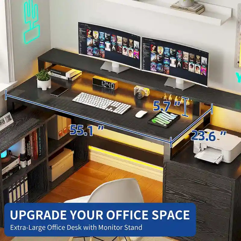Bureau d'angle en L de 165 cm avec LED RVB, station de charge, support d'écran et rangement - Blanc / Chêne / Gris anthracite / Noir