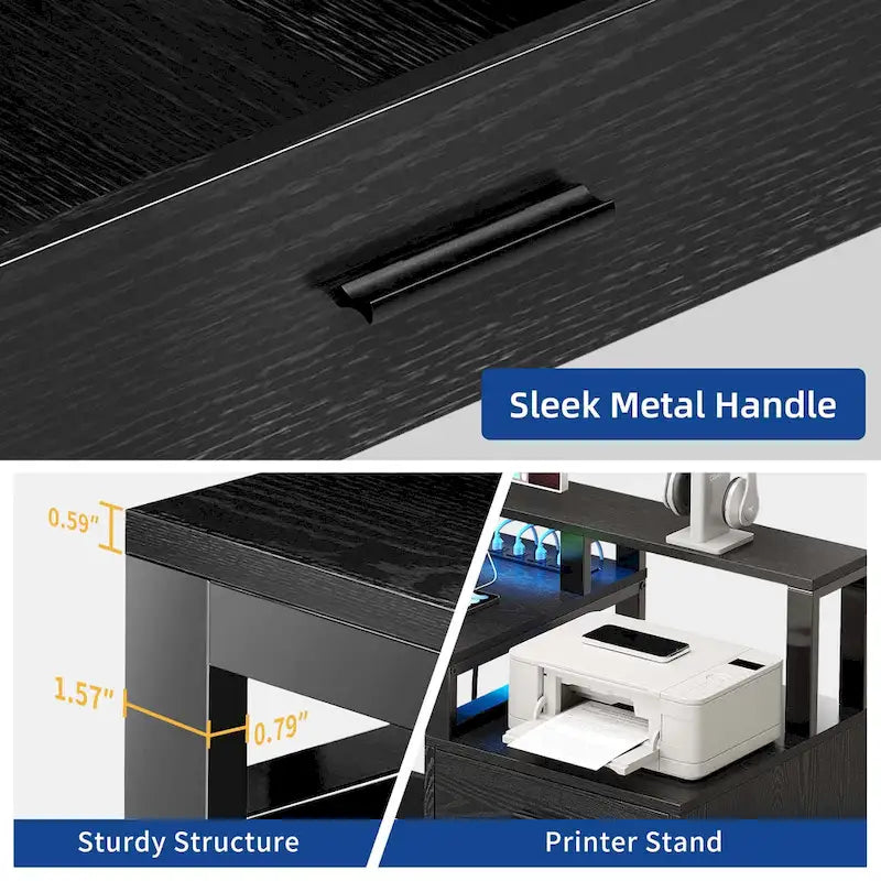 Bureau d'angle en L de 165 cm avec LED RVB, station de charge, support d'écran et rangement - Blanc / Chêne / Gris anthracite / Noir