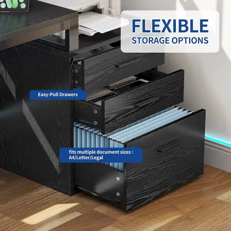 Bureau d'angle en L de 165 cm avec LED RVB, station de charge, support d'écran et rangement - Blanc / Chêne / Gris anthracite / Noir