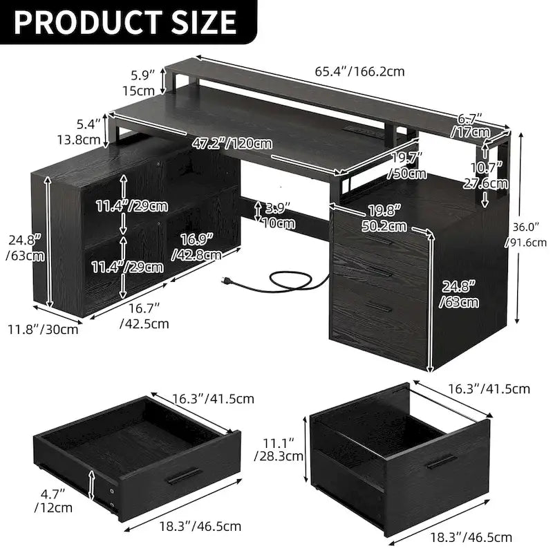 Bureau d'angle en L de 165 cm avec LED RVB, station de charge, support d'écran et rangement - Blanc / Chêne / Gris anthracite / Noir